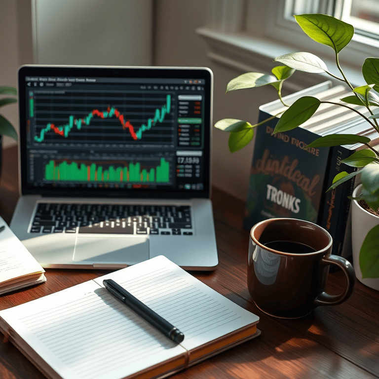 A calm workspace with "laptop displaying stock charts," "notebook with handwritten notes," "coffee cup," "dividend-themed financial books," and "green plants," soft natural light.