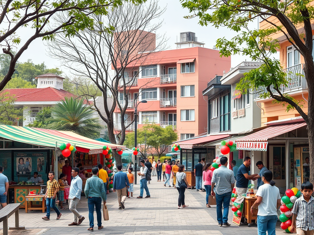A vibrant neighborhood scene with "diverse people gathering," "colorful market stalls," "community sports activities," "local businesses," and "festive decorations" in an urban park.
