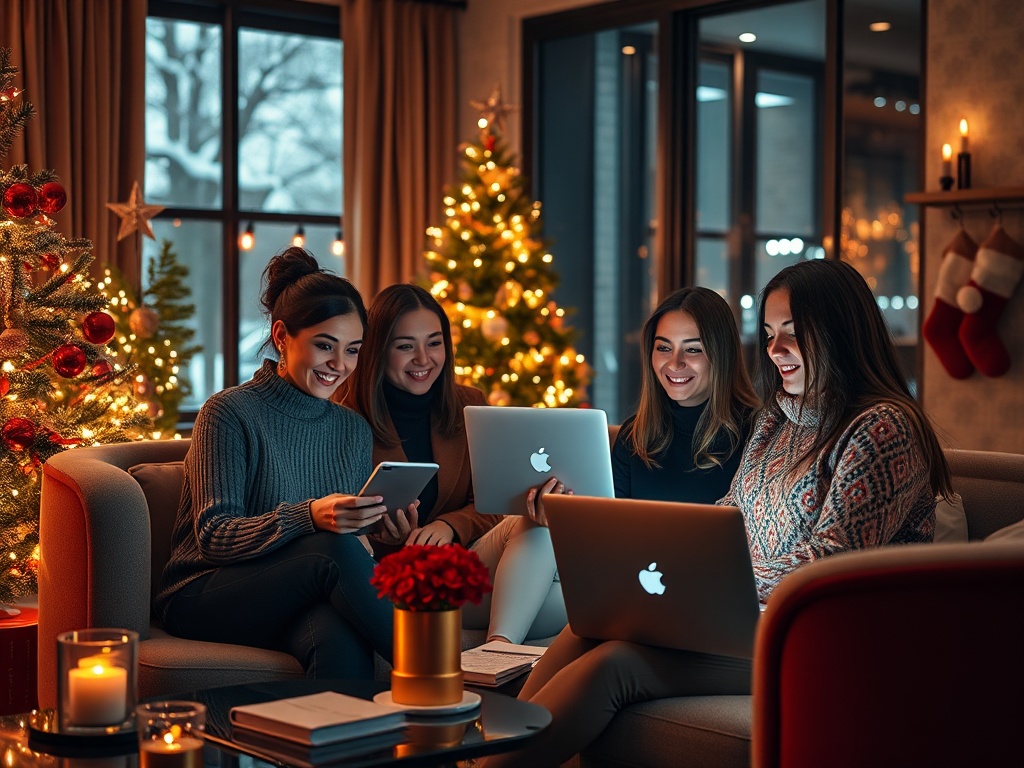 "A sophisticated, festive scene showing independent women gathering online in a luxurious, modern setting; warm Christmas ambiance, stylish décor, subtle glow, confident interactions, elegant styling, cozy yet empowering."