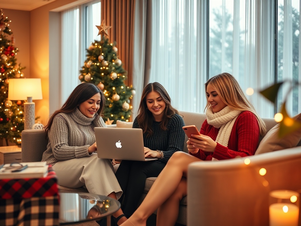 "A sophisticated, festive scene showing independent women gathering online in a luxurious, modern setting; warm Christmas ambiance, stylish décor, subtle glow, confident interactions, elegant styling, cozy yet empowering."