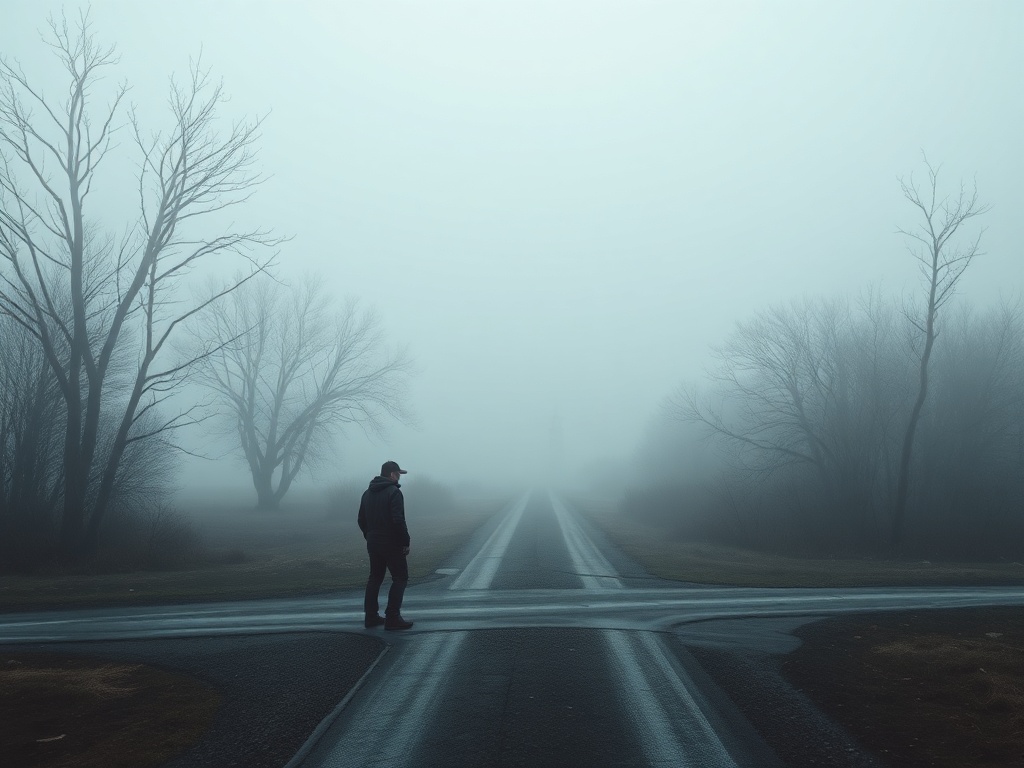 "a lone traveler standing at a foggy crossroads" "withered trees" "distant, dim lighthouse" "muted blues and grays" "melancholic atmosphere"