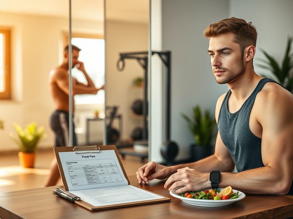 "fit person measuring progress in mirror" "well-lit modern home gym" "clipboard with customized workout plan on table" "healthy balanced meal plate" "calm focused expression, warm morning light"