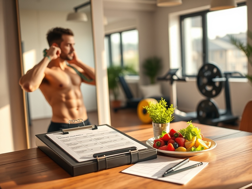"fit person measuring progress in mirror" "well-lit modern home gym" "clipboard with customized workout plan on table" "healthy balanced meal plate" "calm focused expression, warm morning light"