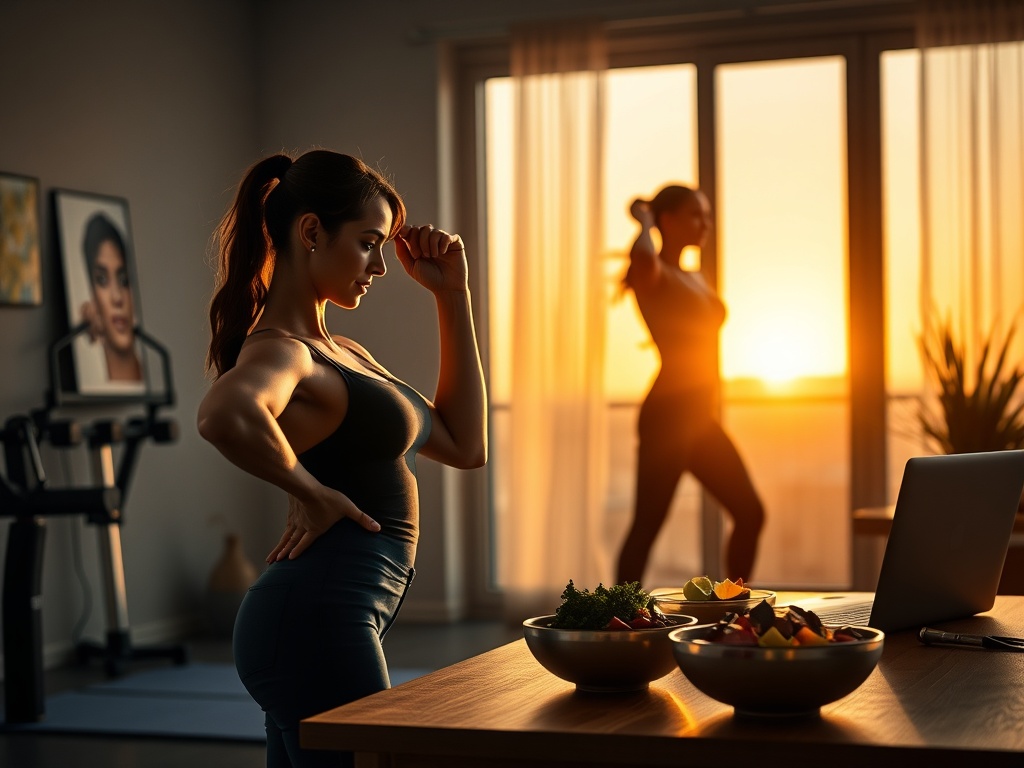 "Confident woman flexing subtly" "Bright home gym with dumbbells and yoga mat" "Coach silhouette guiding via laptop" "Healthy meal prep bowls on table" "Warm, motivating sunrise light"