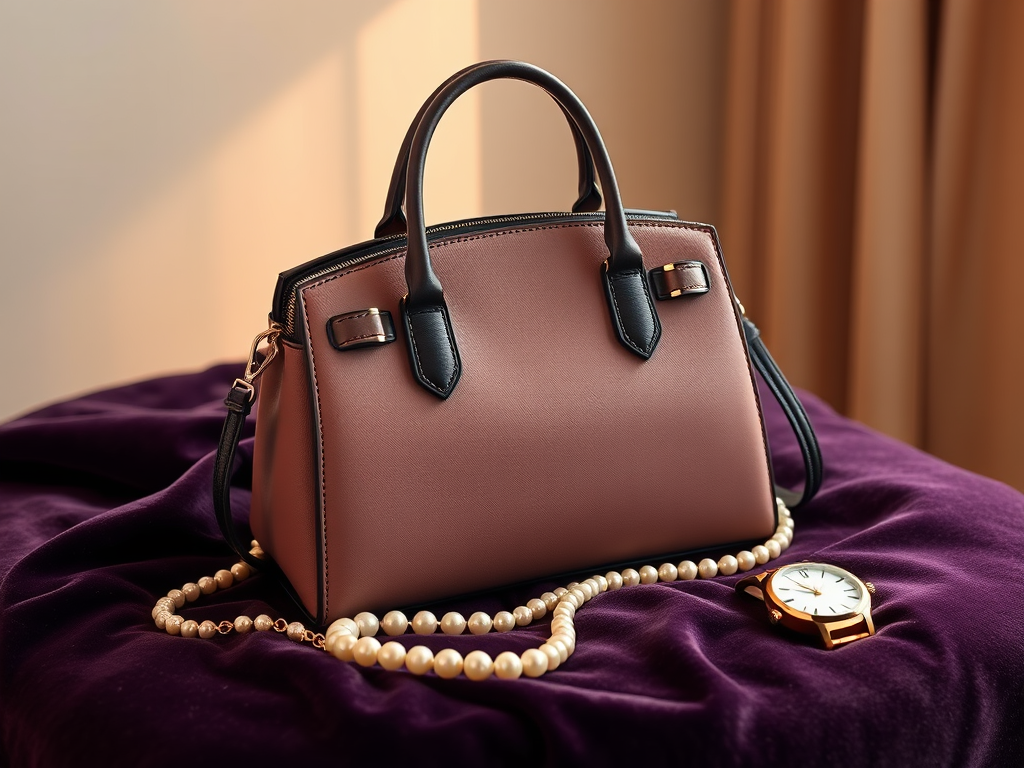 Een bicolor handtas op een fluwelen oppervlak met accessoires.