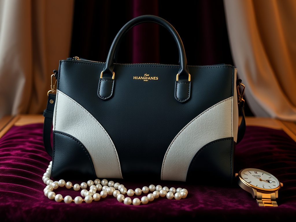 Een luxe bicolor handtas op een fluwelen oppervlak.