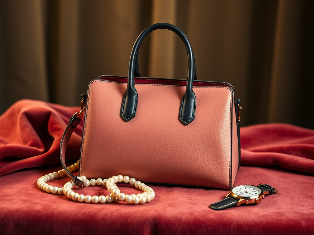 Een bicolor handtas met parels en een horloge.