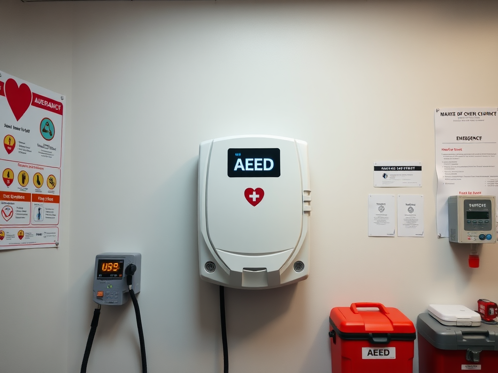 Moderne AED op een kantoorwand, omringd door veiligheidsinformatie.