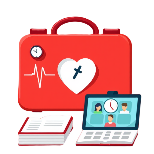 "first aid kit" "heart pulse" "timer clock" "step-by-step book" "online screen" "community group"