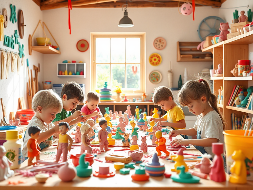 Kinderen werken creatief met kleurrijke klei in een atelier.