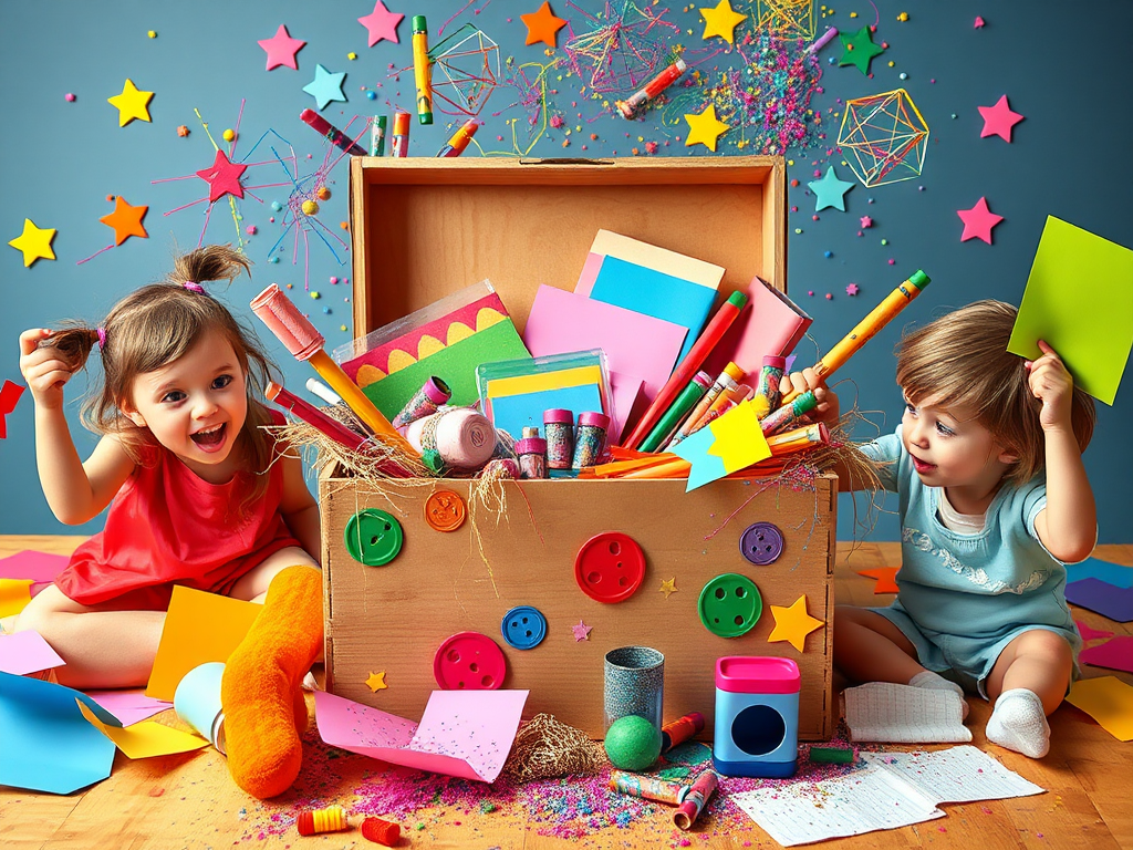 Een kleurrijke knutseldoos vol materialen met blije kinderen.