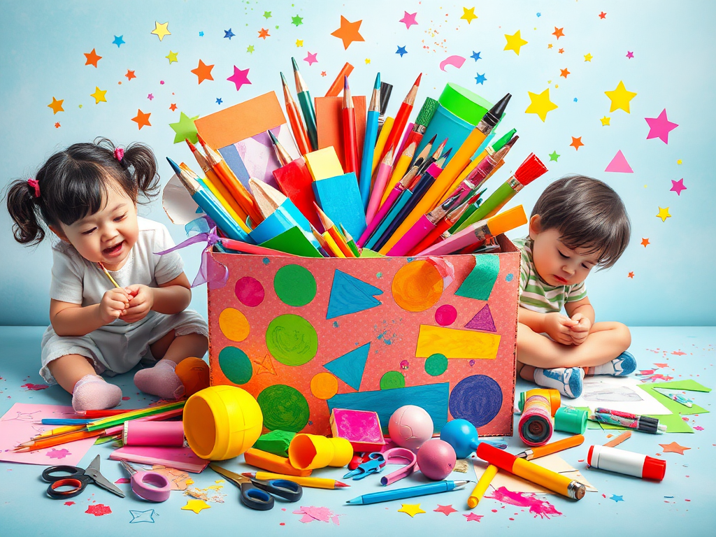 Een kleurrijke knutseldoos met blije kinderen en materialen.