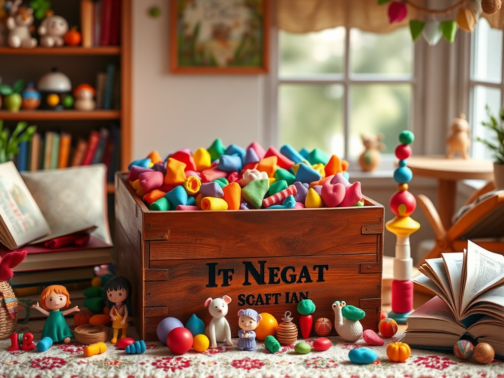 Een kleurrijke knutseldoos vol met felle klei en figuren.