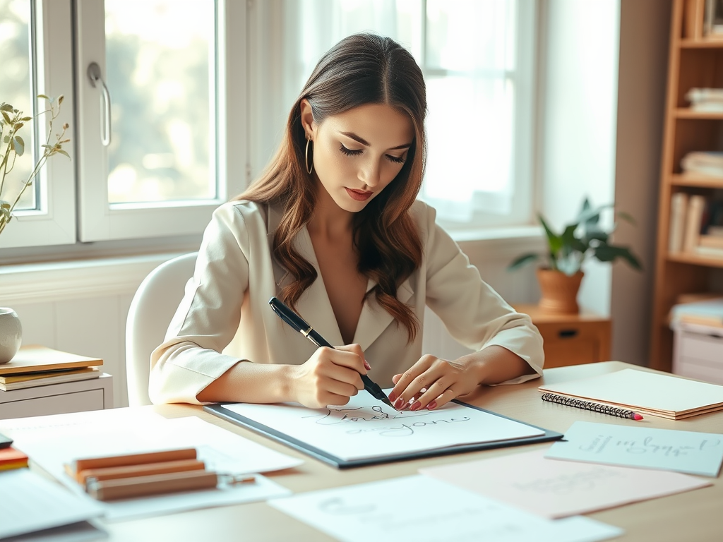 Elegante vrouw schrijft kalligrafie met pen in lichte werkruimte.