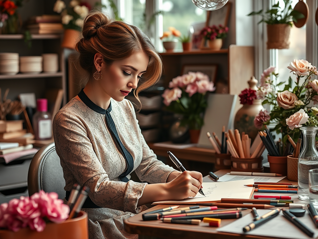Vrouw schrijft in een schetsboek, omringd door bloemen en kunstbenodigdheden.