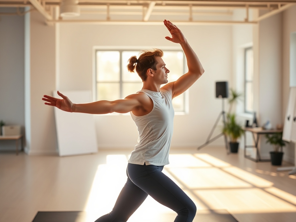 A dynamic Dutch athlete and office worker in a bright studio, stretching, breathing, balanced posture; warm energy beams, calm focus, resilience symbols, recovery glow."