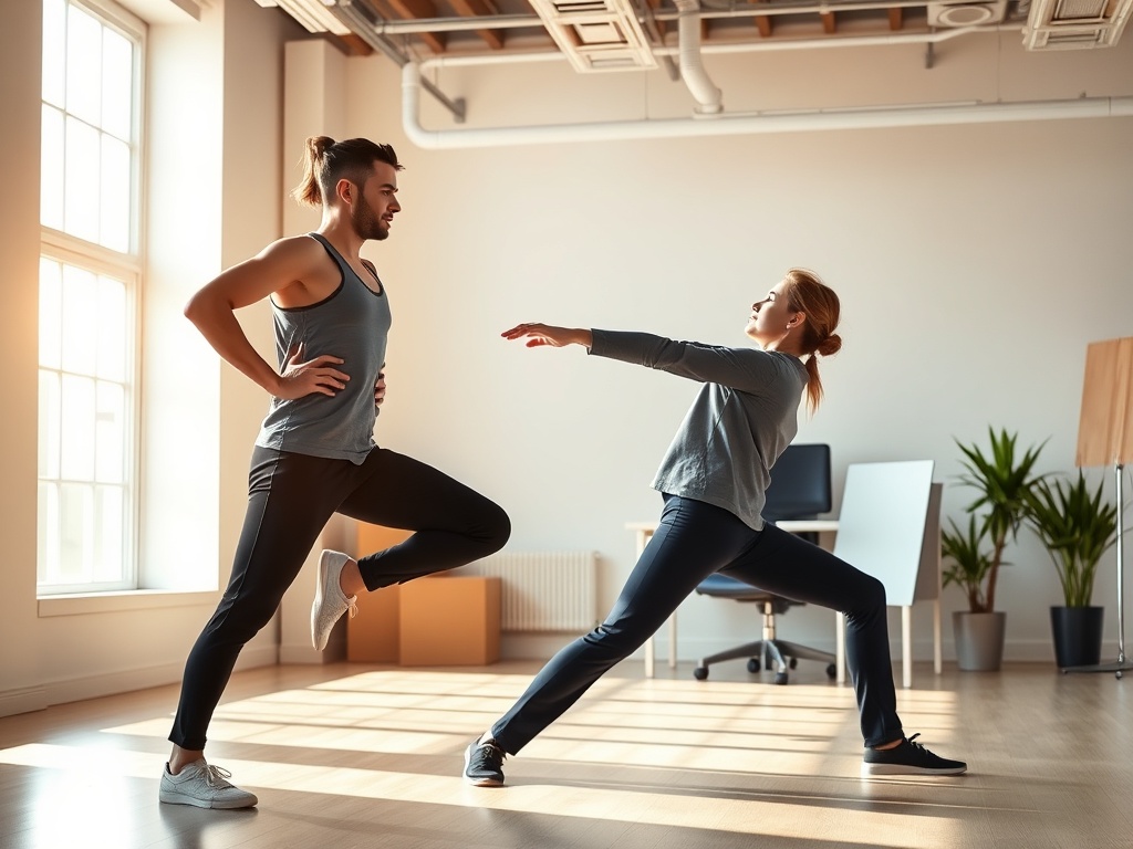 A dynamic Dutch athlete and office worker in a bright studio, stretching, breathing, balanced posture; warm energy beams, calm focus, resilience symbols, recovery glow."