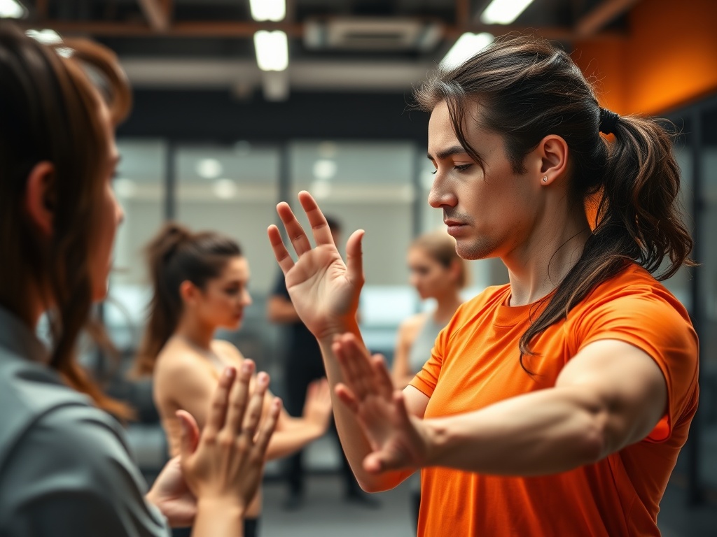 Energetic orange-themed training scene, experienced athlete coaches diverse office workers, close-up hands demonstrating simple stretching and breathing, motivational supportive mood, dynamic motion blur, warm lighting, modern workplace gym background