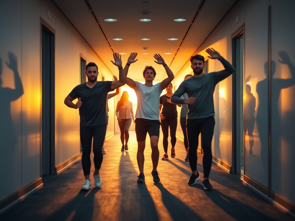 "a modern office hallway at golden hour, an energetic Dutch athlete coach in sportswear guiding diverse employees through simple stretching and mindfulness breaths, dynamic motion blur, warm hopeful mood, natural lighting, high detail"