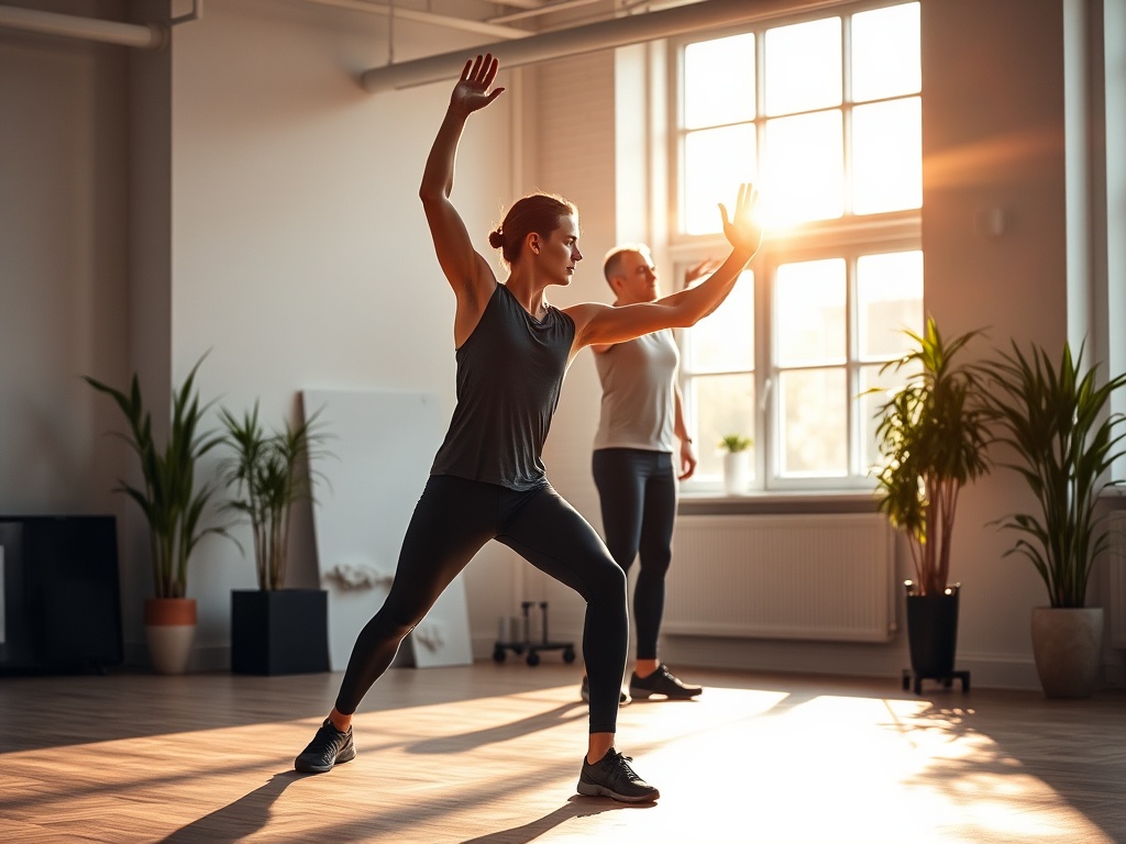 A dynamic Dutch athlete and office worker in a bright studio, stretching, breathing, balanced posture; warm energy beams, calm focus, resilience symbols, recovery glow."