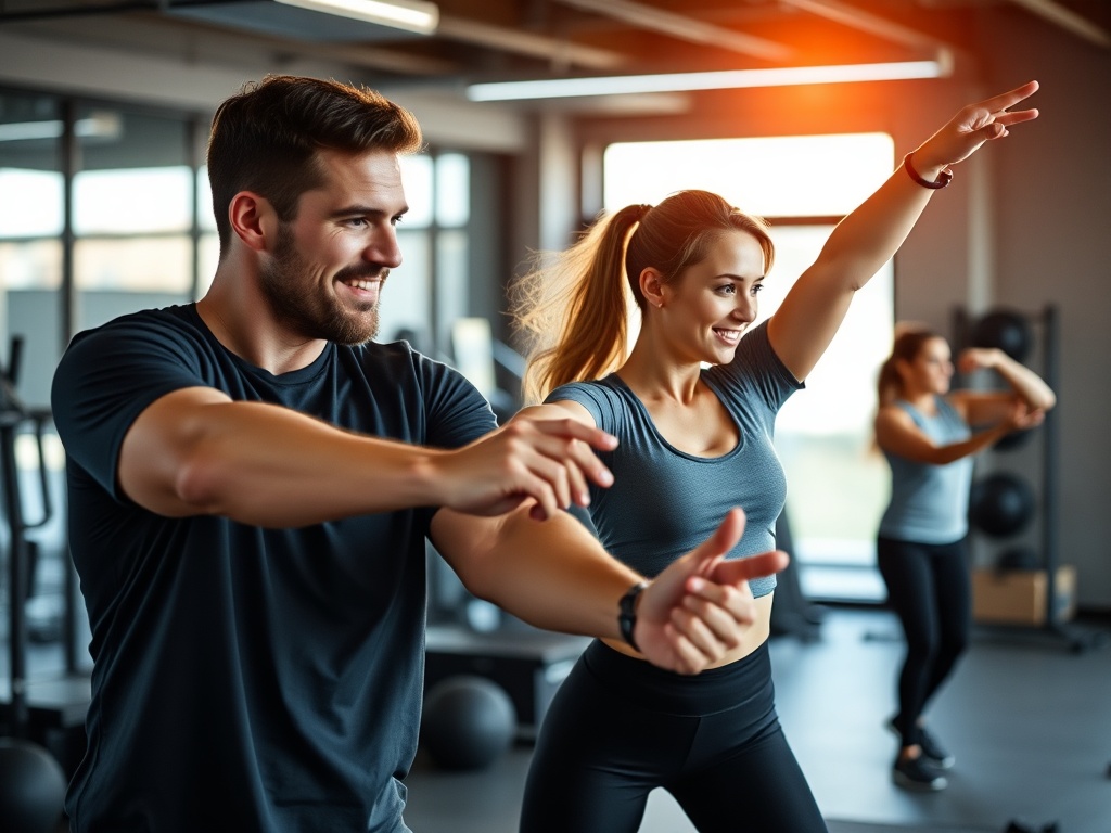 "a Dutch male and female athlete duo guiding office workers, mid-motion dynamic stretches, focus and friendly mentorship, bright energetic lighting, modern workplace gym, realistic style, depth of field" "no logos, no text, no watermarks"