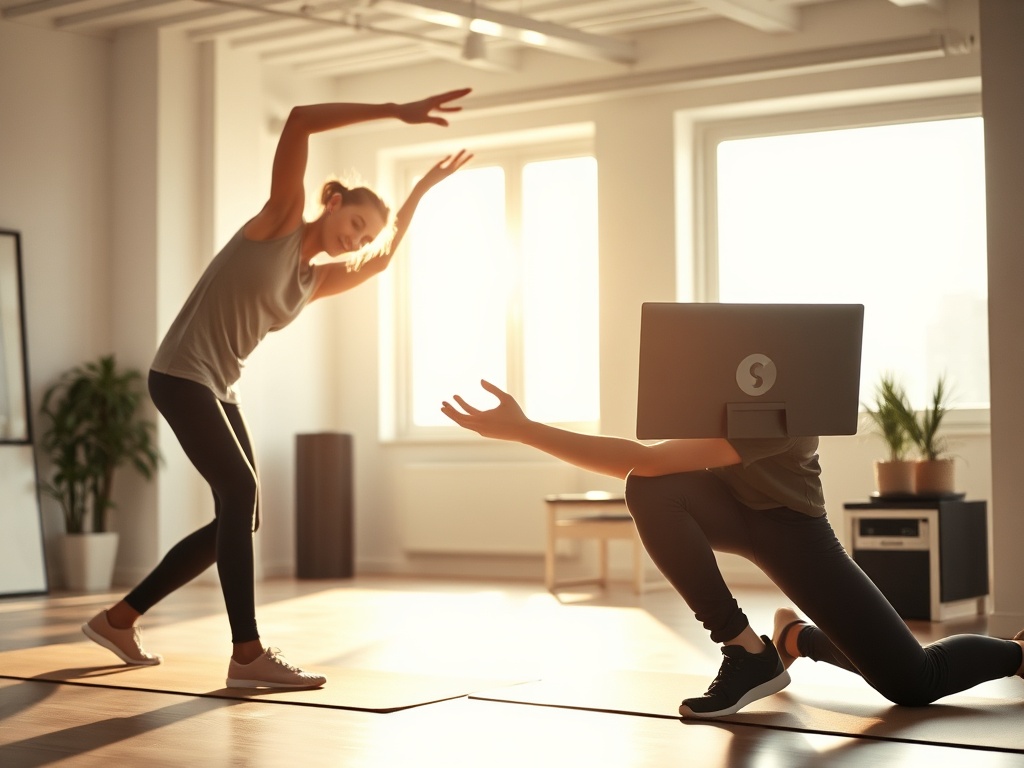 A dynamic Dutch athlete and office worker in a bright studio, stretching, breathing, balanced posture; warm energy beams, calm focus, resilience symbols, recovery glow."