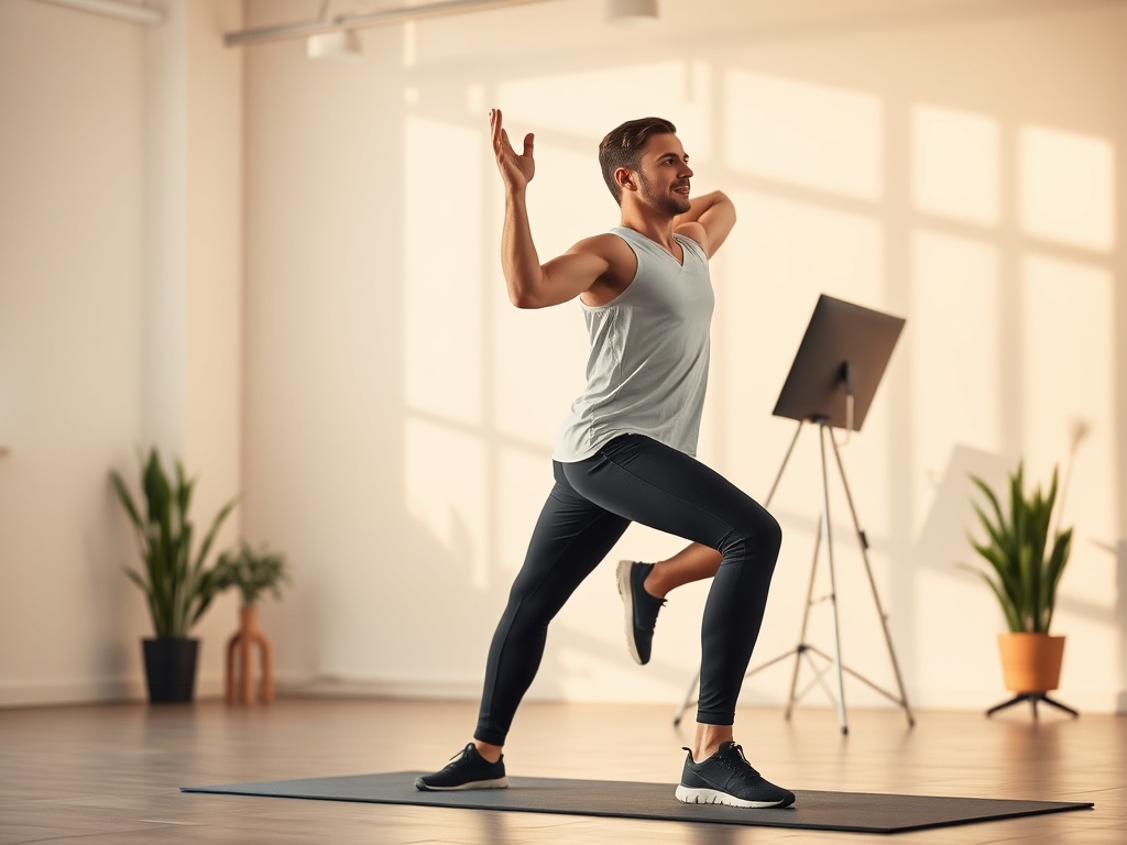A dynamic Dutch athlete and office worker in a bright studio, stretching, breathing, balanced posture; warm energy beams, calm focus, resilience symbols, recovery glow."