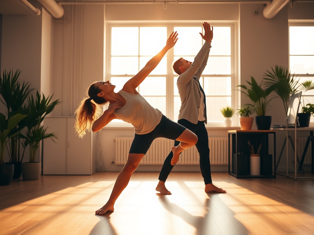 A dynamic Dutch athlete and office worker in a bright studio, stretching, breathing, balanced posture; warm energy beams, calm focus, resilience symbols, recovery glow."