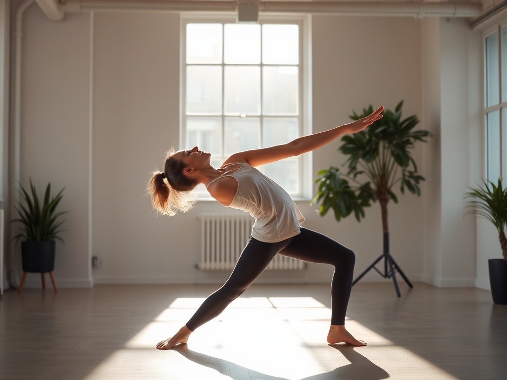 A dynamic Dutch athlete and office worker in a bright studio, stretching, breathing, balanced posture; warm energy beams, calm focus, resilience symbols, recovery glow."