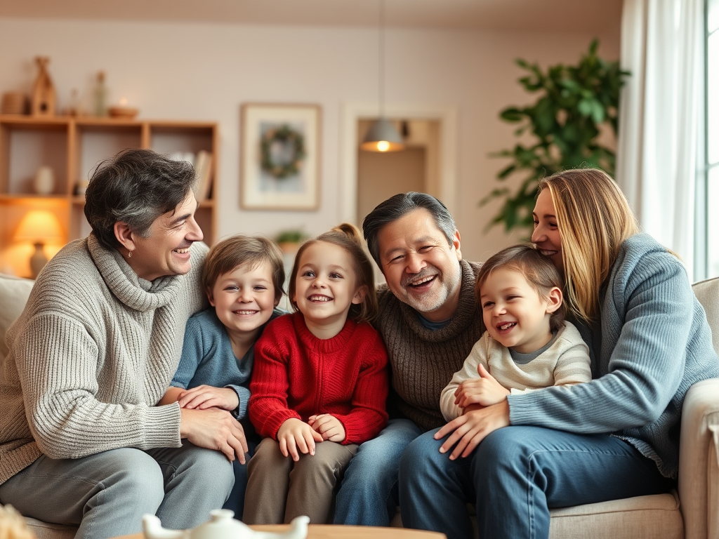 Een warme familie bijeenkomst in een gezellige woonkamer.