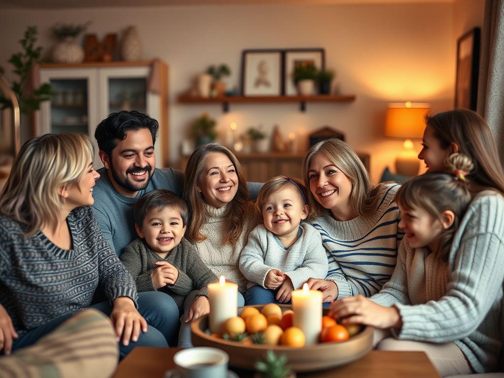 Een warme familiebijeenkomst in een gezellige woonkamer.