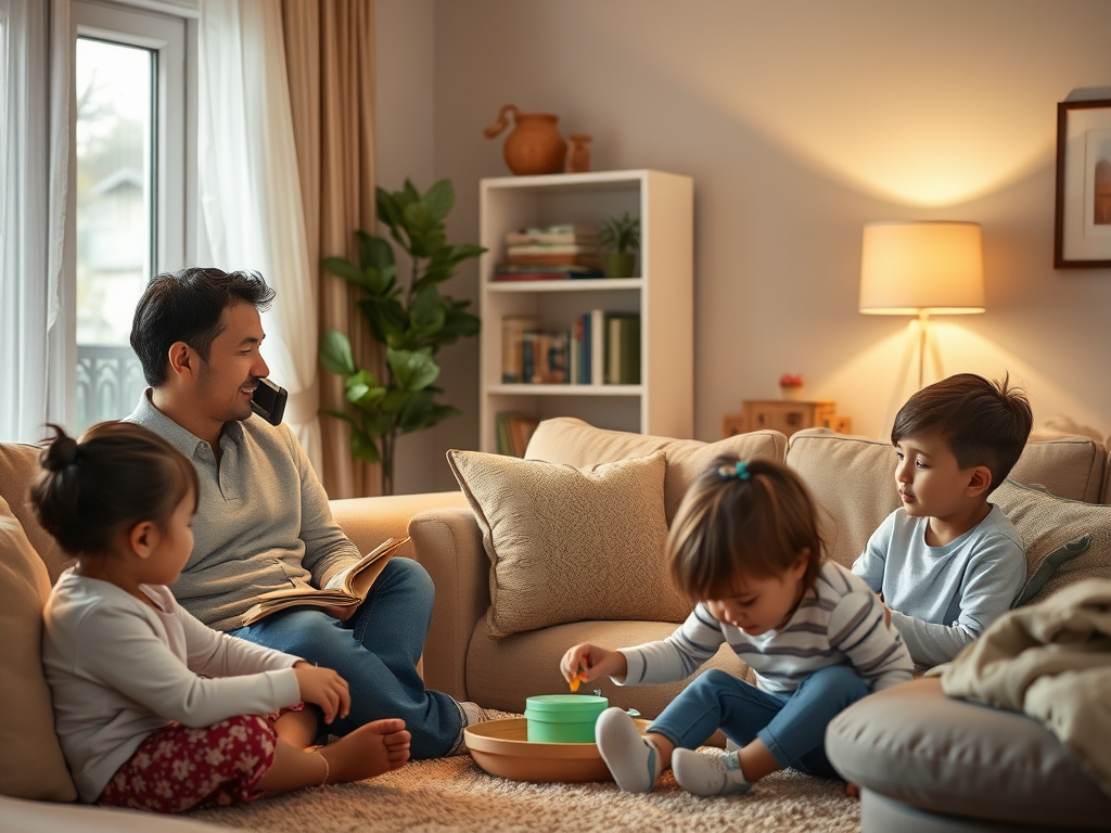Een gezin in een gezellige woonkamer, kinderen spelen.