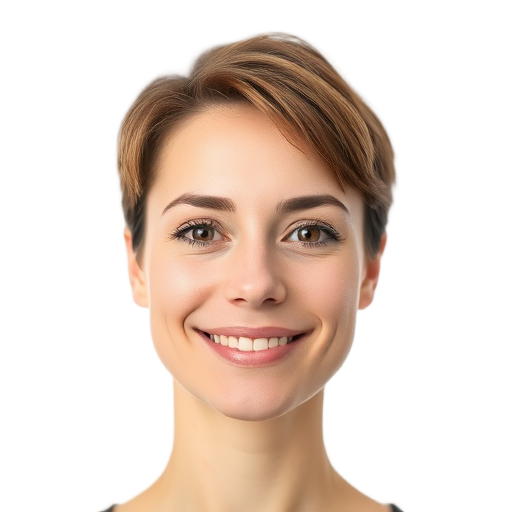A person smiling to the camera with a white background looking like