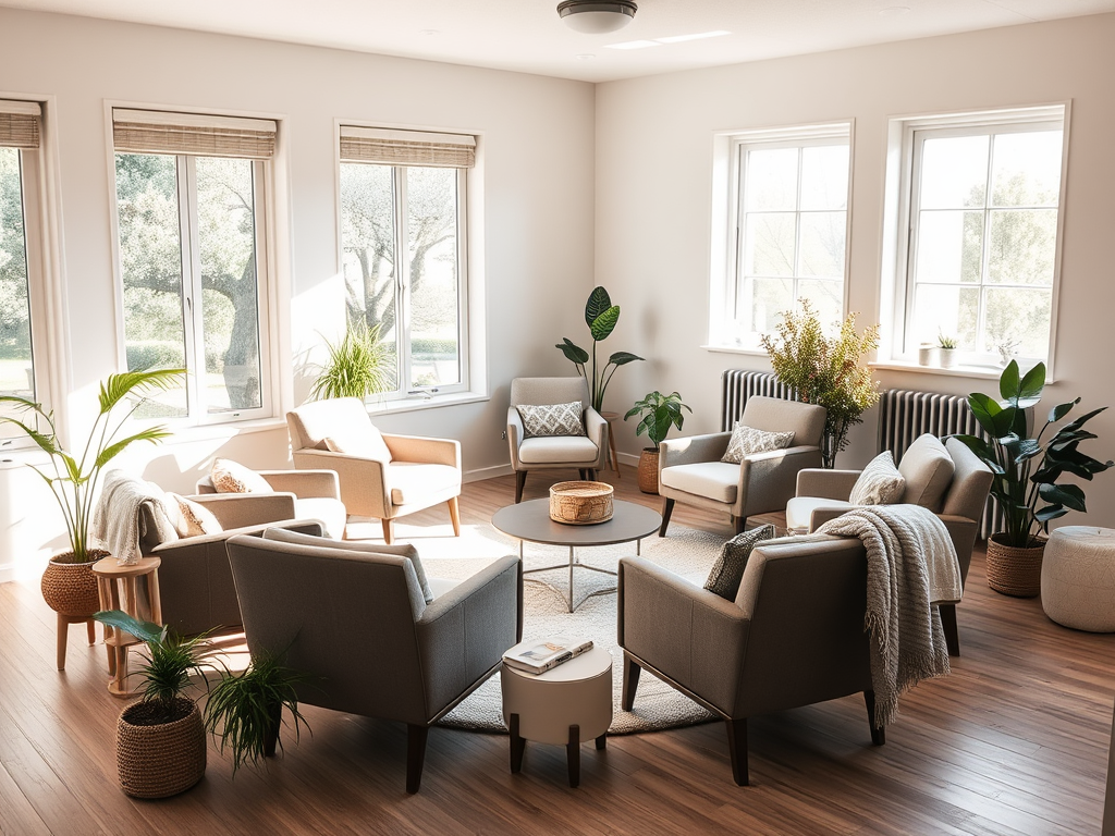 "A warm, inviting therapy room" with "comfortable chairs arranged in a circle," "soft natural light filtering through large windows," and "calming plants and cozy blankets" creating a "supportive, nurturing atmosphere."