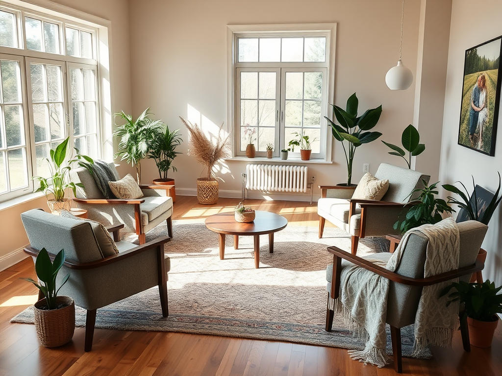 "A warm, inviting therapy room" with "comfortable chairs arranged in a circle," "soft natural light filtering through large windows," and "calming plants and cozy blankets" creating a "supportive, nurturing atmosphere."