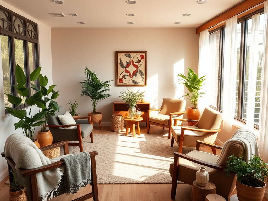"A warm, inviting therapy room" with "comfortable chairs arranged in a circle," "soft natural light filtering through large windows," and "calming plants and cozy blankets" creating a "supportive, nurturing atmosphere."