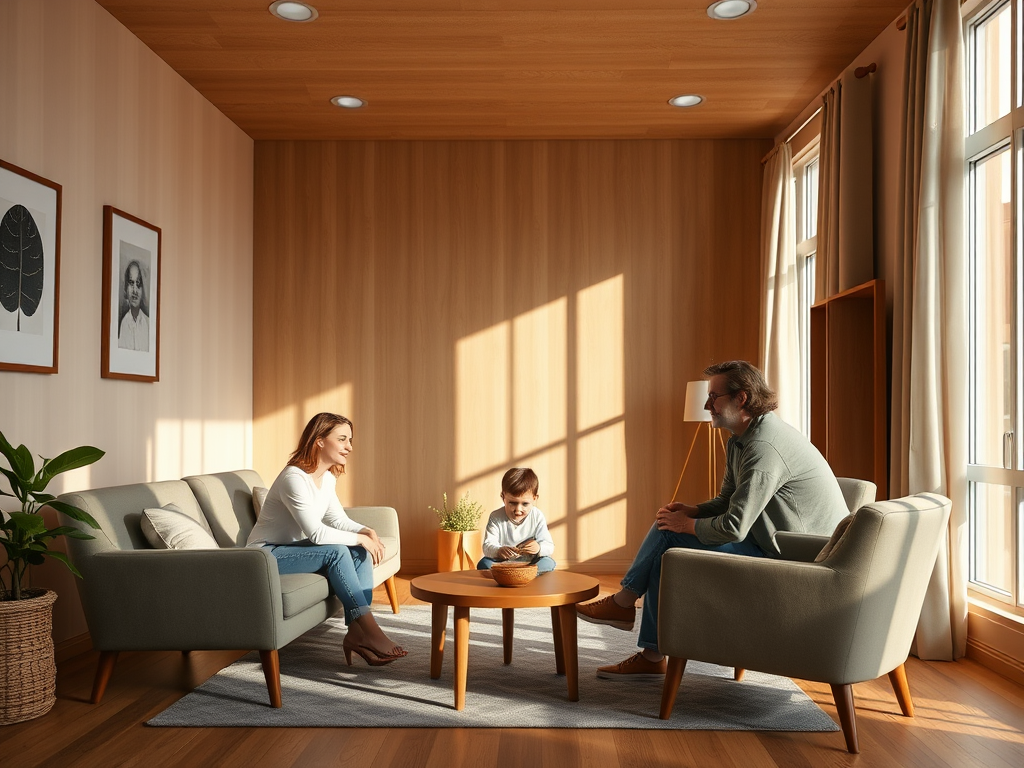 Warm, inviting therapy room with "comfortable chairs," "soft natural light," a "calm child playing," "supportive adult listening," and "family togetherness" atmosphere.