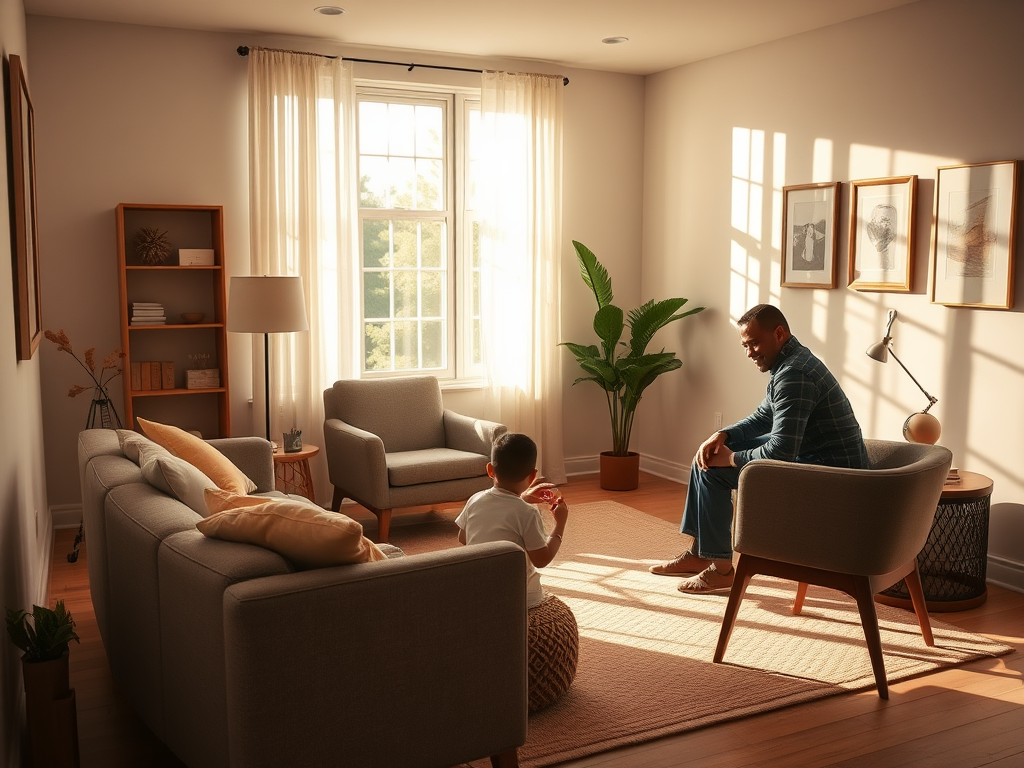 Warm, inviting therapy room with "comfortable chairs," "soft natural light," a "calm child playing," "supportive adult listening," and "family togetherness" atmosphere.