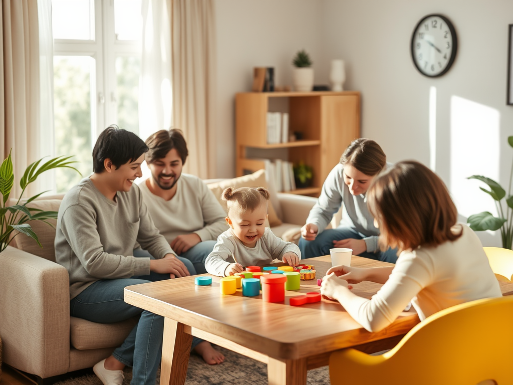 "A warm family sitting together in a cozy living room" "a child playing confidently with toys" "a supportive team collaborating around a table" "soft natural lighting" "calm, encouraging atmosphere"