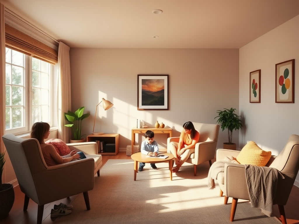 Warm, inviting therapy room with "comfortable chairs," "soft natural light," a "calm child playing," "supportive adult listening," and "family togetherness" atmosphere.