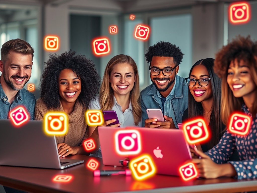 A diverse group of entrepreneurs smiling, working on laptops and smartphones, surrounded by glowing Instagram icons, vibrant colors, modern office background.
