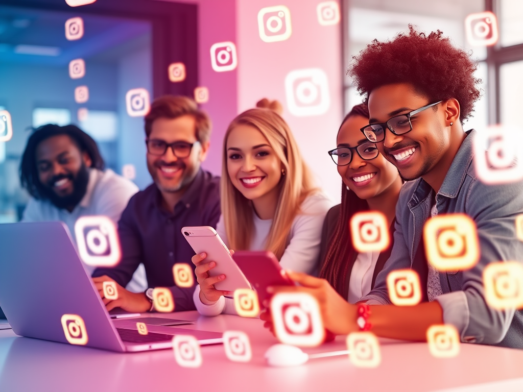 A diverse group of entrepreneurs smiling, working on laptops and smartphones, surrounded by glowing Instagram icons, vibrant colors, modern office background.
