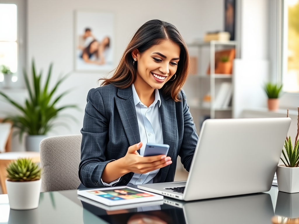 "Confident businesswoman" "multitasking mother with laptop" "dynamic social media reels on smartphone" "bright, motivating workspace" "vibrant colors, energetic atmosphere"
