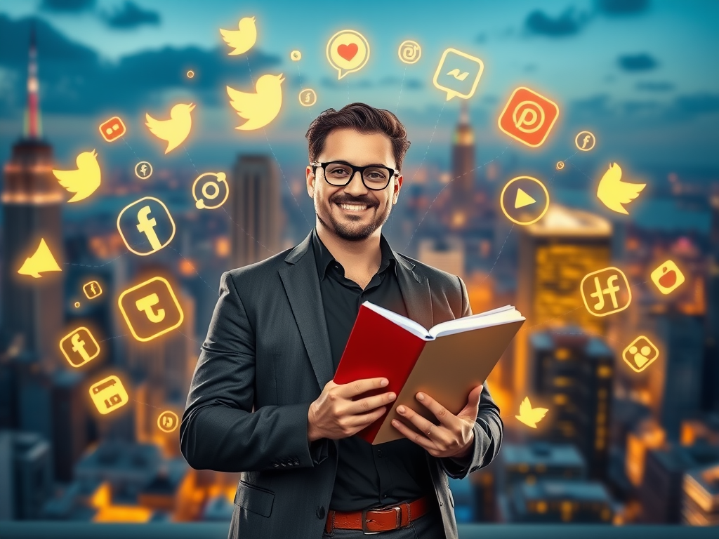 A confident entrepreneur surrounded by glowing social media icons, holding a notebook with flowing script lines, vibrant cityscape background, inspiring growth and focus.