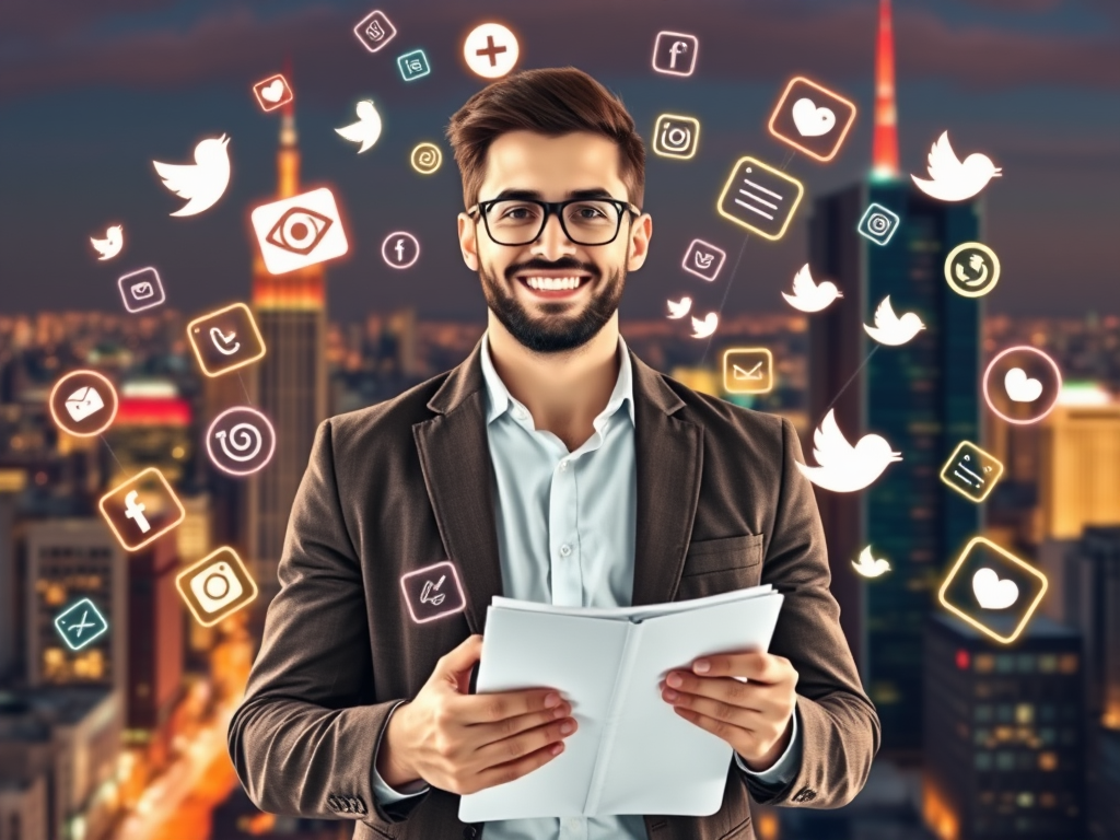 A confident entrepreneur surrounded by glowing social media icons, holding a notebook with flowing script lines, vibrant cityscape background, inspiring growth and focus.