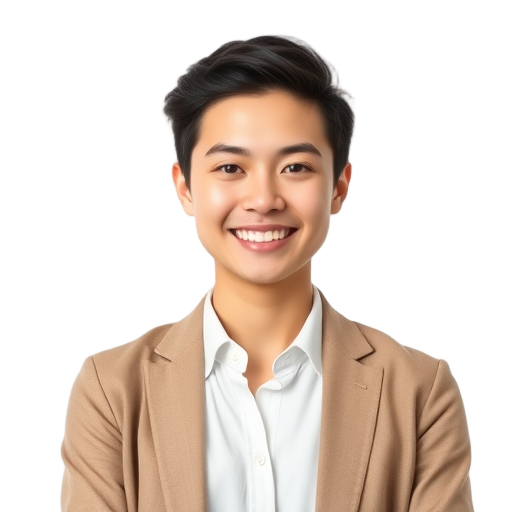 A person smiling to the camera with a white background looking like