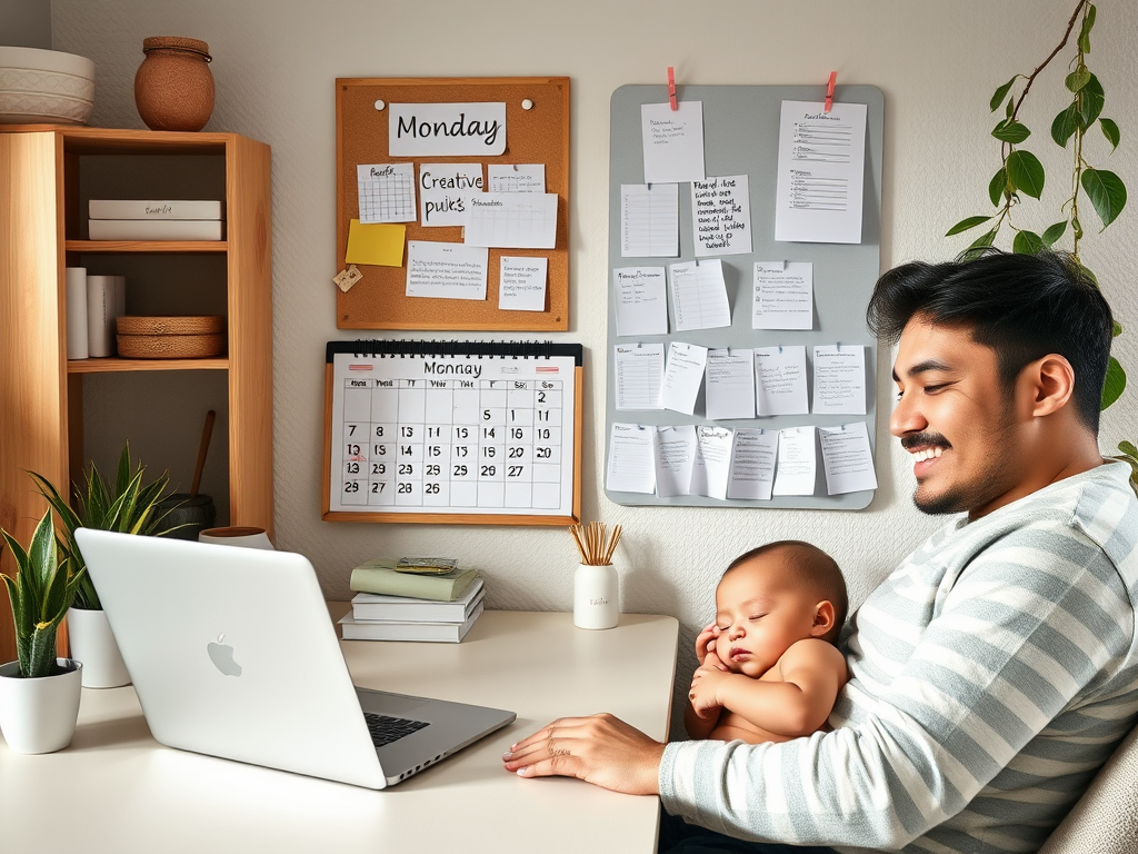 A cozy home office with a laptop, calendar marked Monday, creative notes pinned on a board, peaceful baby sleeping nearby, happy parent smiling.