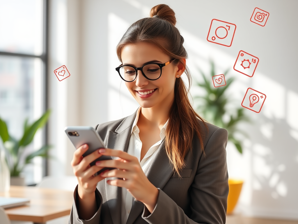 "Confident businesswoman" "using smartphone" "bright modern office" "soft natural light" "Instagram interface floating around" "creative content ideas symbols" "calm, inspiring atmosphere"