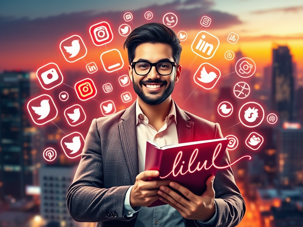 A confident entrepreneur surrounded by glowing social media icons, holding a notebook with flowing script lines, vibrant cityscape background, inspiring growth and focus.