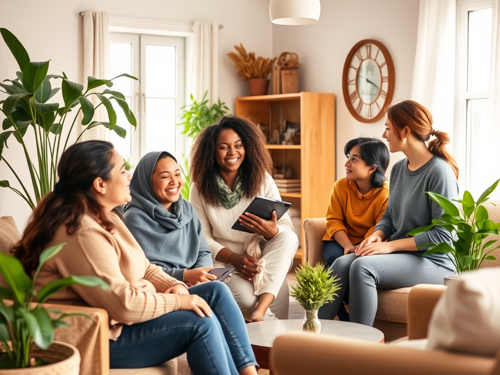 "A warm, inviting cozy room" "diverse women and mothers smiling and chatting" "soft natural lighting" "plants and comfortable furniture" "friendly, supportive atmosphere."